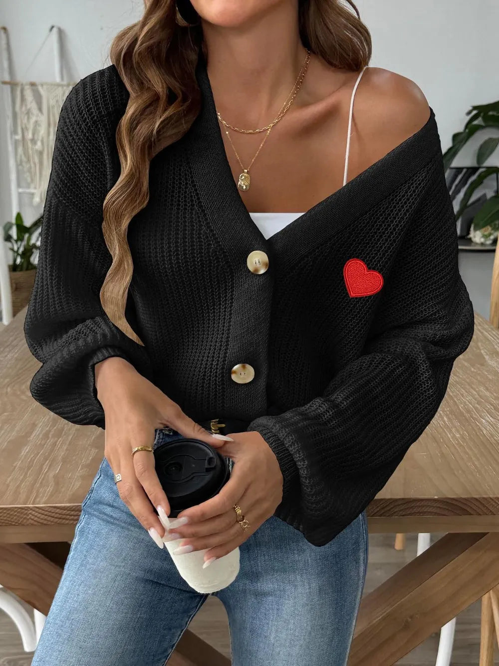 Women's Autumn/Winter New Collection Love Stickers Short Button Jacket Sweater