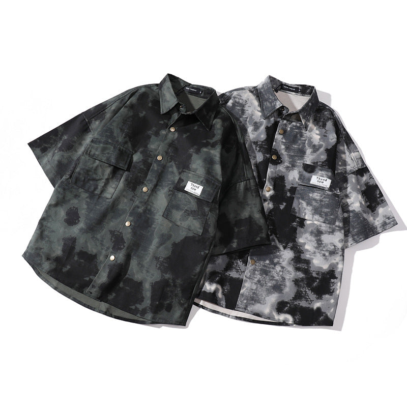 Tie dye printed short sleeved shirt loose