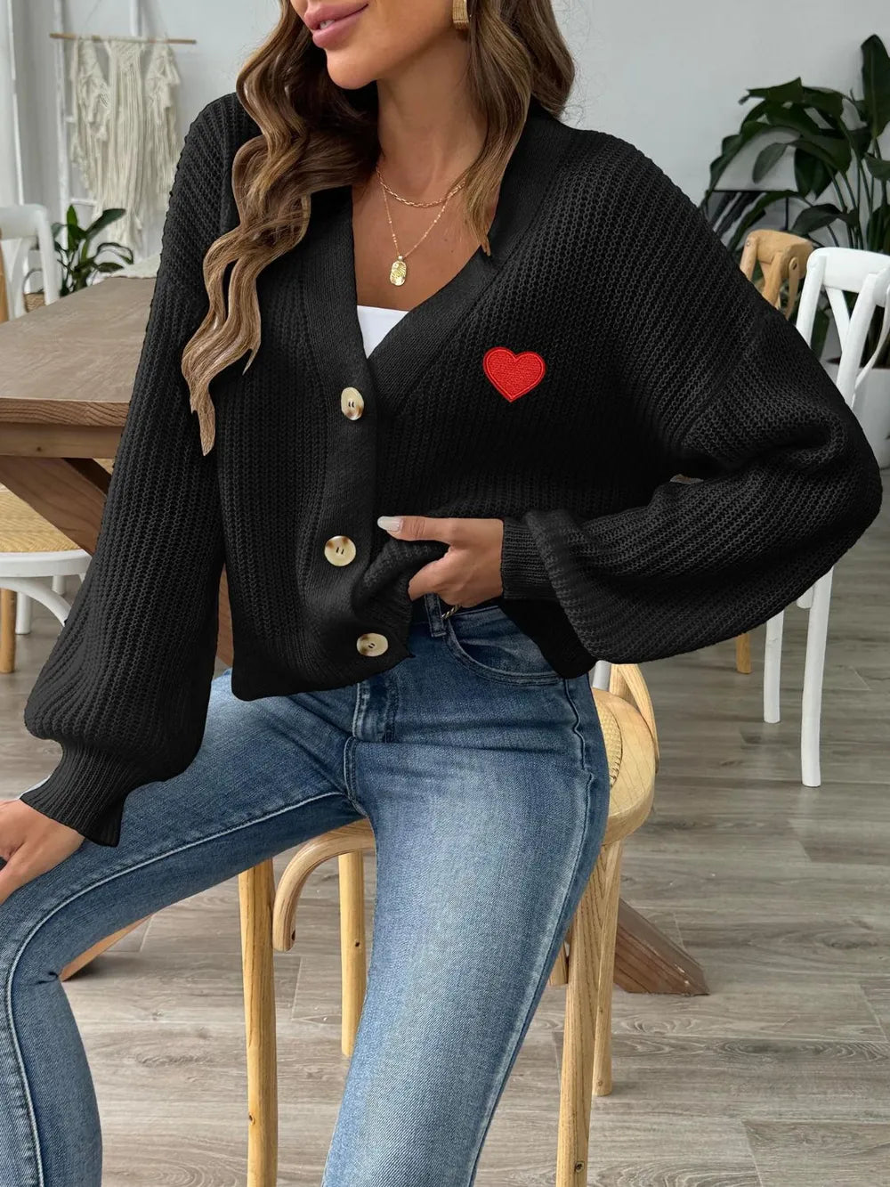Women's Autumn/Winter New Collection Love Stickers Short Button Jacket Sweater