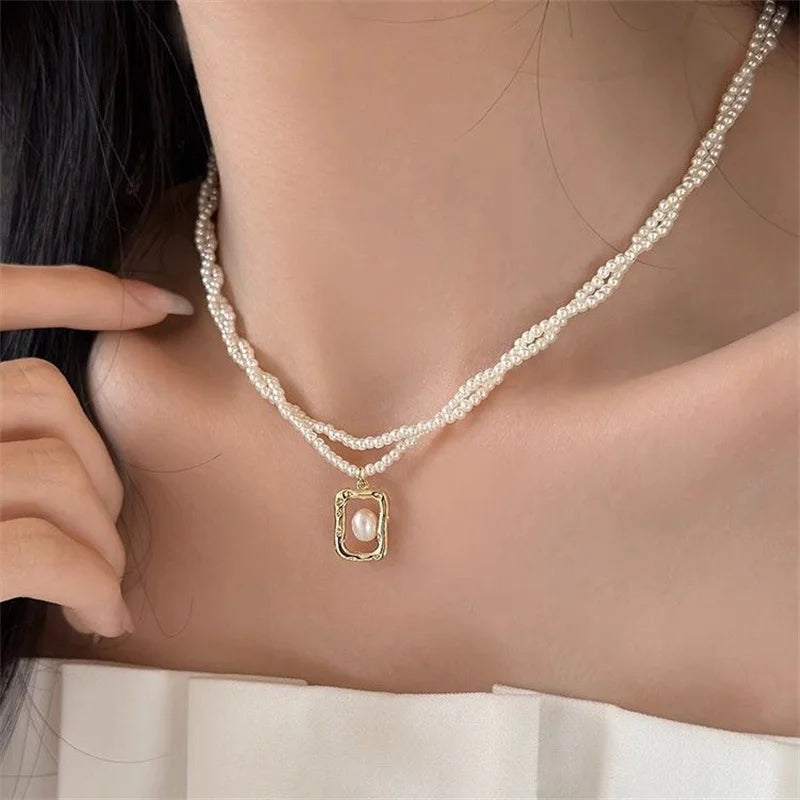 Fashion Imitation Pearl Wrapped Necklace Double Layer Magnetic Buckle Neck Chain Choker Necklace Jewelry Gift Wholesale