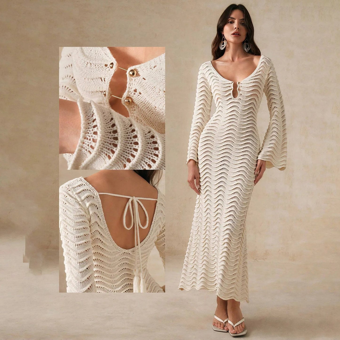 2025 Dress Women Female Clothing Fashion Elegant EveningBeach Dress Solid Color Sexy Knit Beach Bikini Swimsuit Cover Up Sunwear