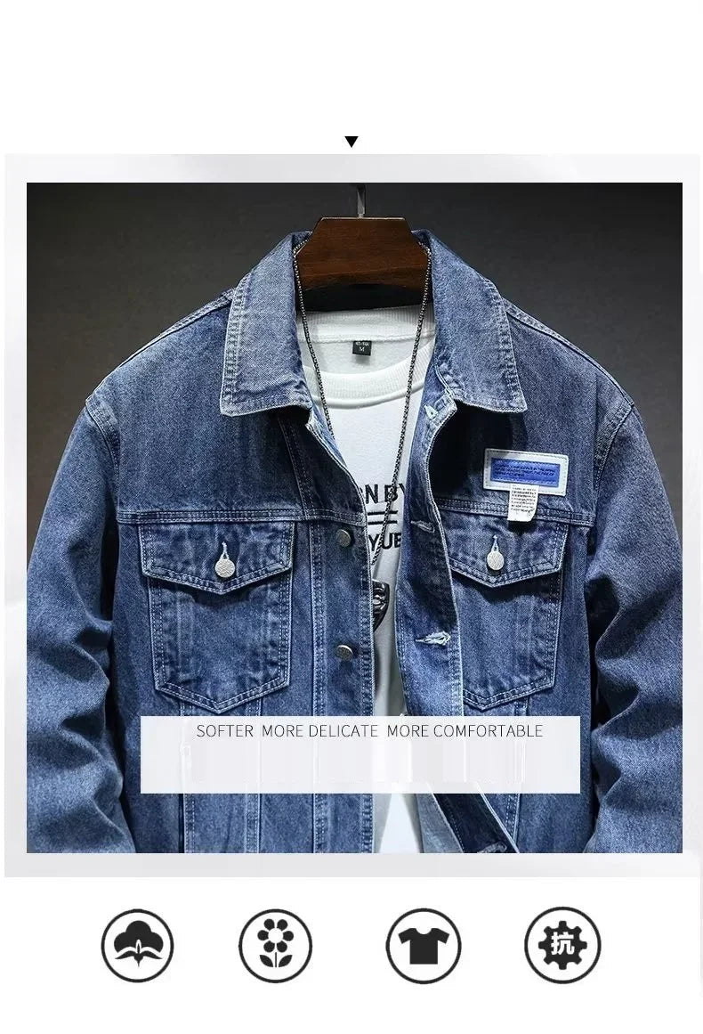 Mens Denim Jackets Spring Autumn Male Coats Turn-down Collar Single Breasted Slim Pockets Outerwear Top Clothes Mens Denim