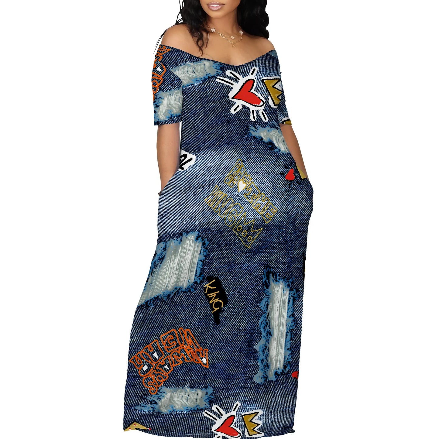 Women's Fashion Printed Short Sleeve Long Dress Sexy Off Shoulder Backless Bodycon Split Cocktail Party Dress 