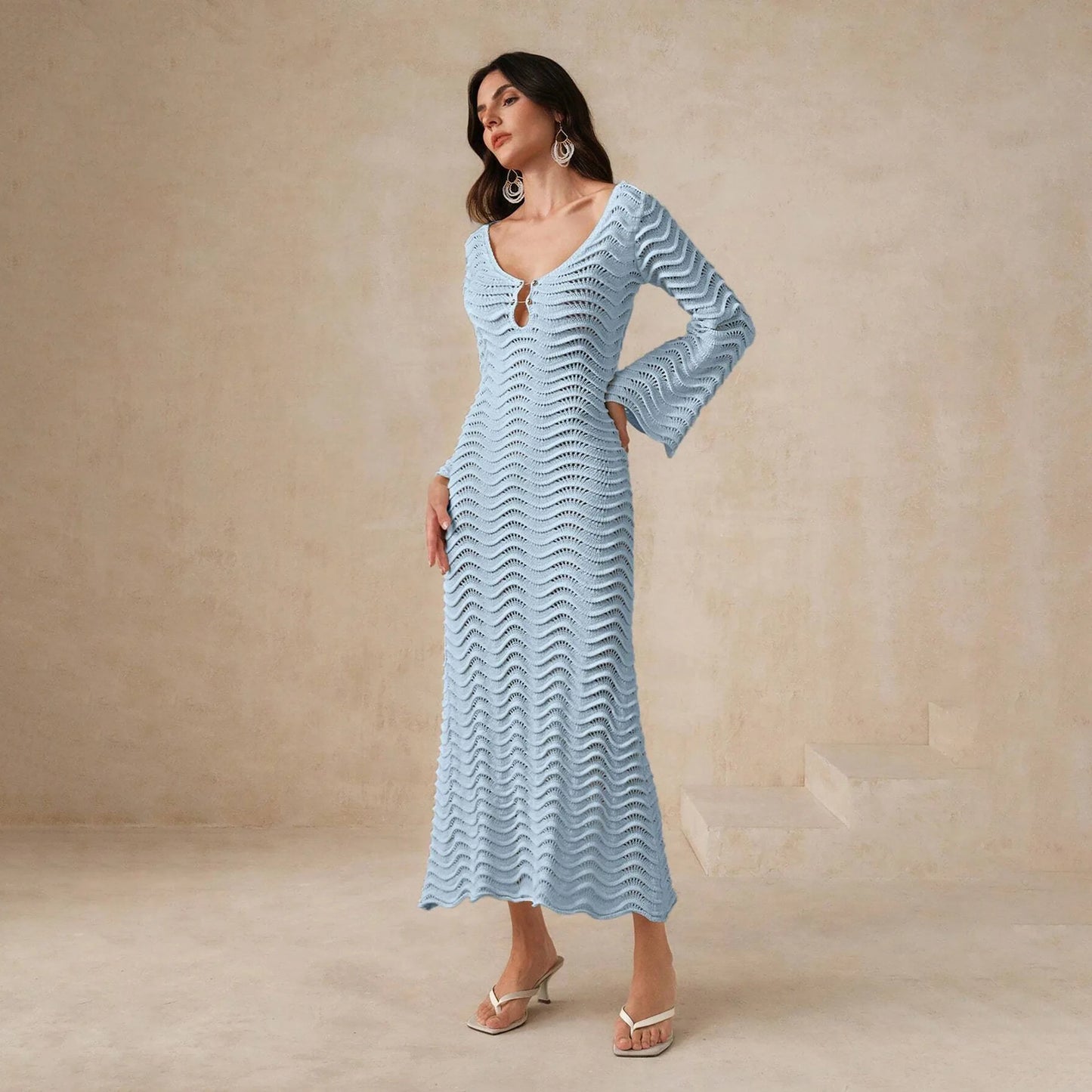 2025 Dress Women Female Clothing Fashion Elegant EveningBeach Dress Solid Color Sexy Knit Beach Bikini Swimsuit Cover Up Sunwear
