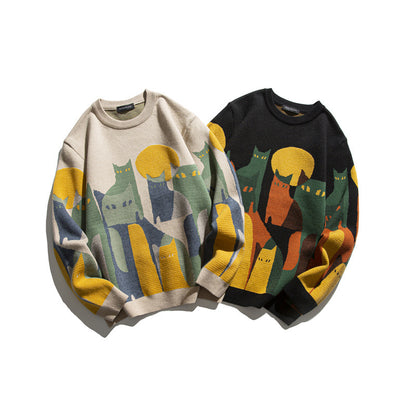 Jacquard round neck sweater loose