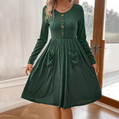 Waist collection round neck A-line skirt button pocket