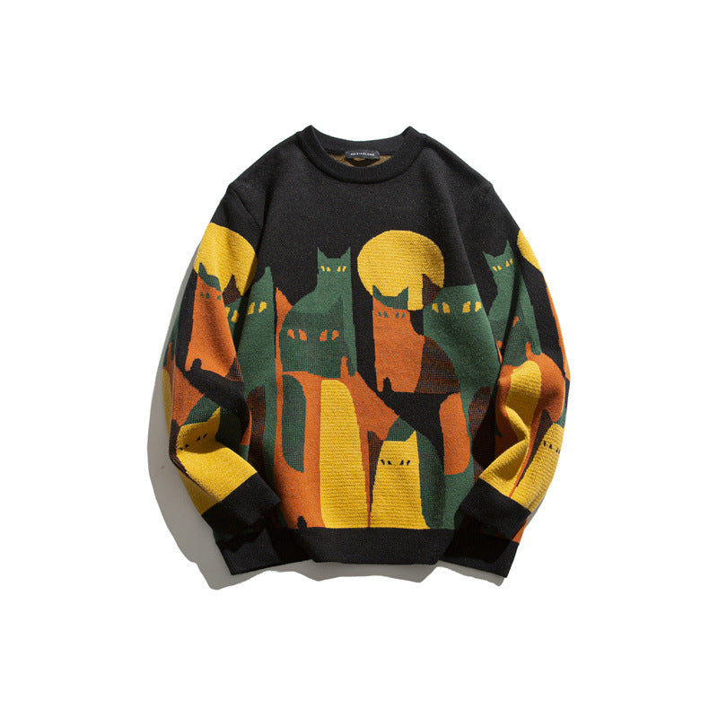 Jacquard round neck sweater loose