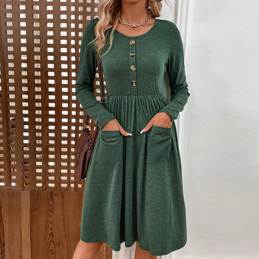 Waist collection round neck A-line skirt button pocket