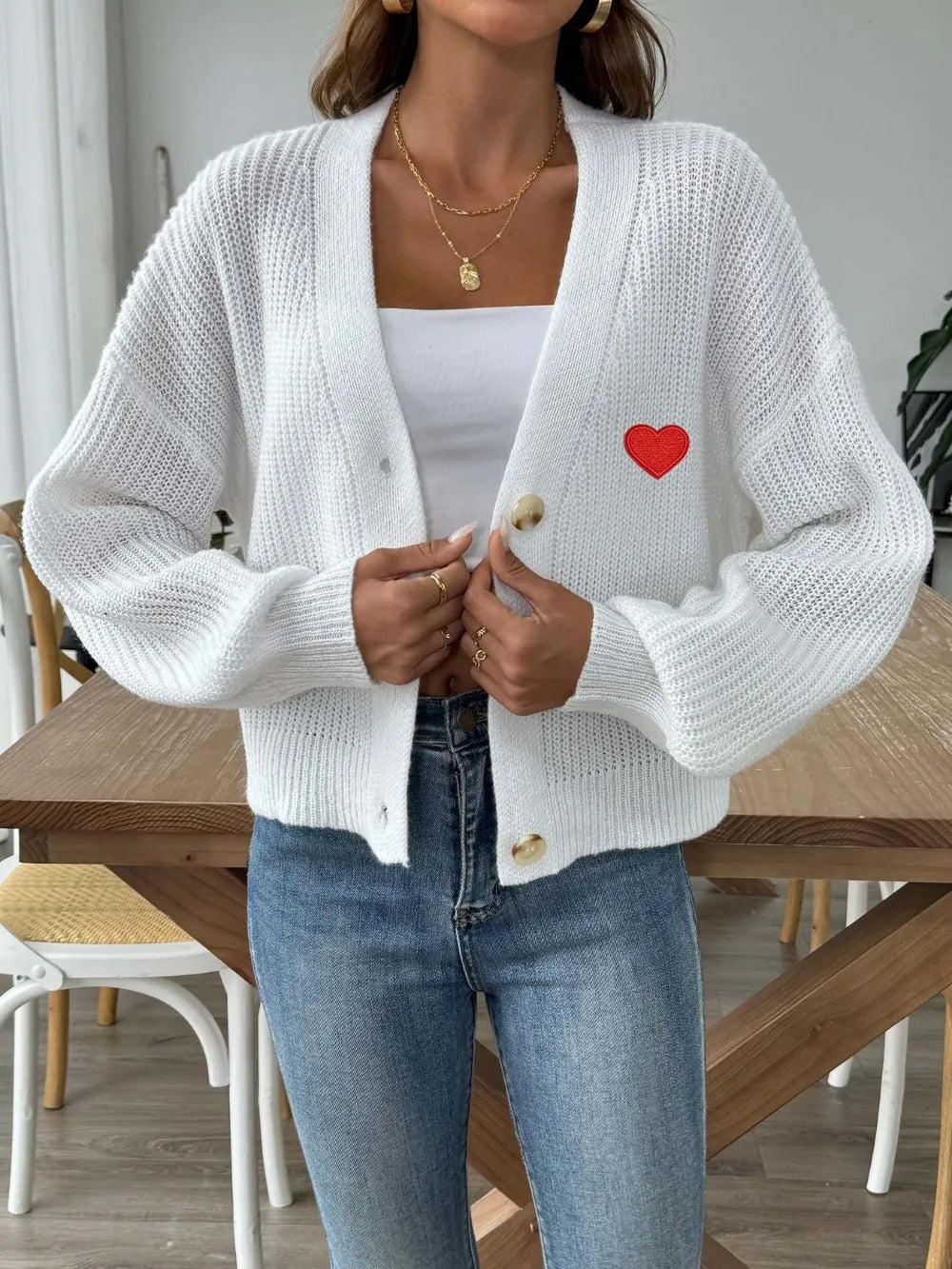 Women's Autumn/Winter New Collection Love Stickers Short Button Jacket Sweater