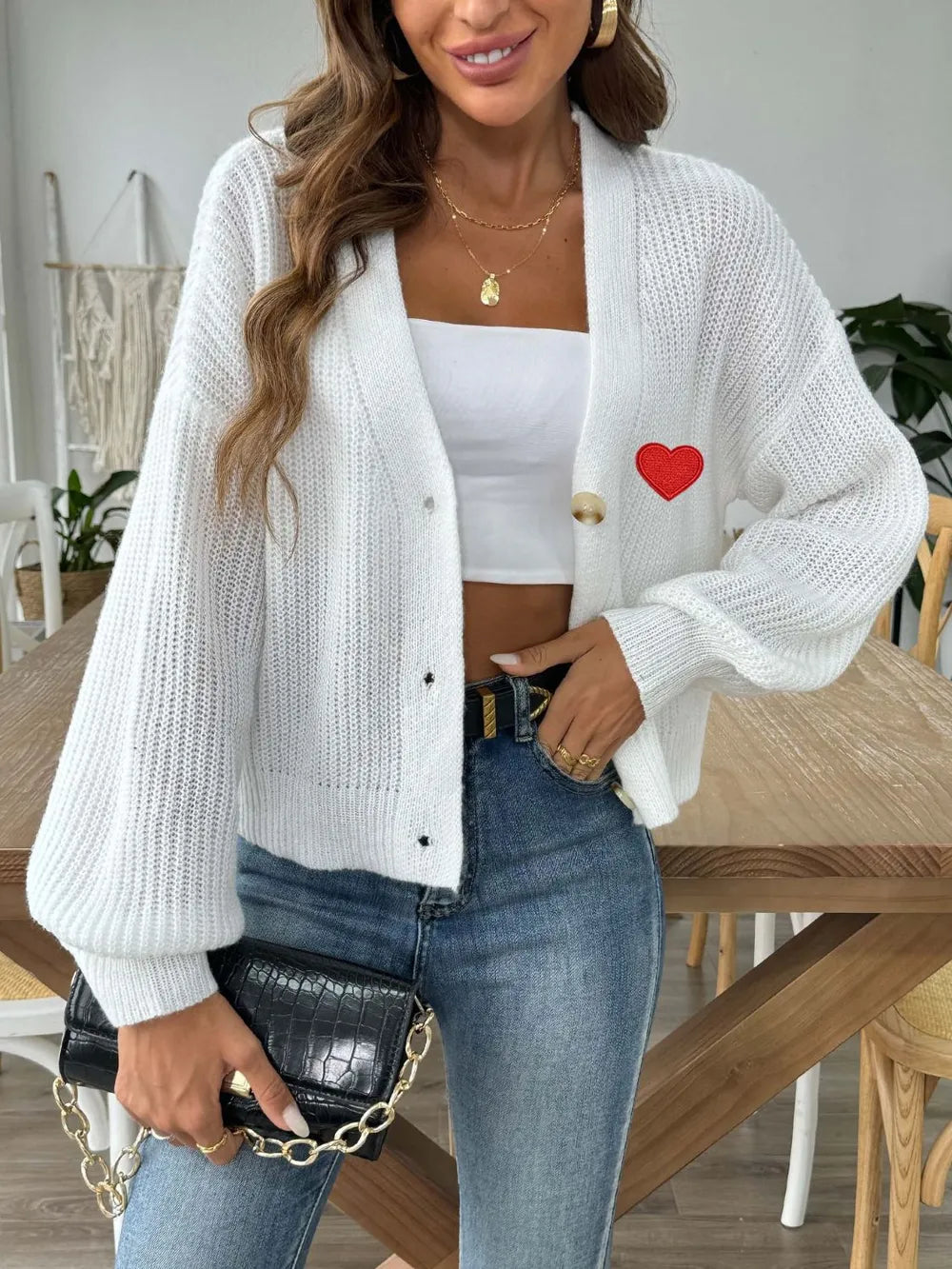 Women's Autumn/Winter New Collection Love Stickers Short Button Jacket Sweater