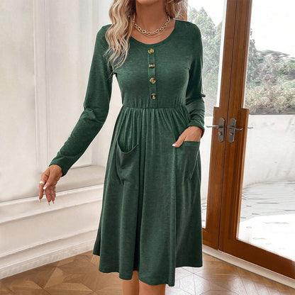 Waist collection round neck A-line skirt button pocket