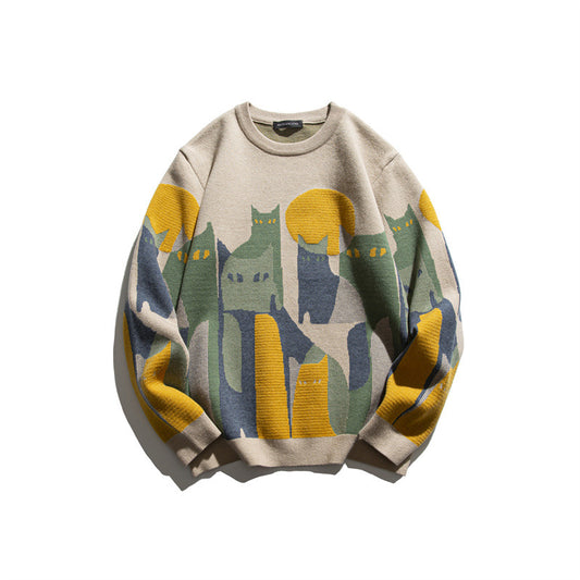 Jacquard round neck sweater loose