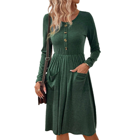 Waist collection round neck A-line skirt button pocket
