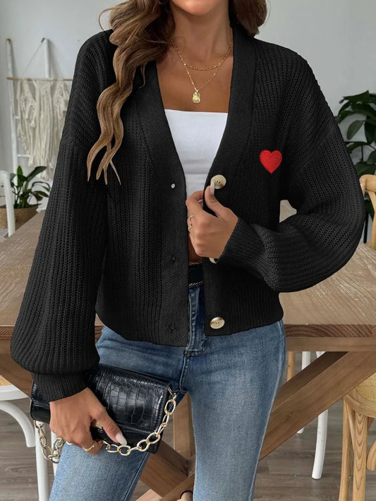 Women's Autumn/Winter New Collection Love Stickers Short Button Jacket Sweater