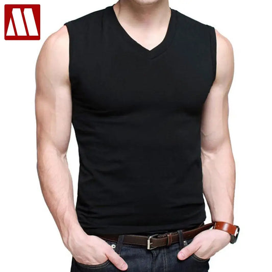 Mens Cotton T-Shirts V-Neck Sleeveless Summer Fashion Male Muscle Tank Shirts Gym Top Tees European Style Slim Fit Man Clothes
