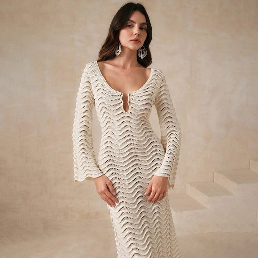 2025 Dress Women Female Clothing Fashion Elegant EveningBeach Dress Solid Color Sexy Knit Beach Bikini Swimsuit Cover Up Sunwear