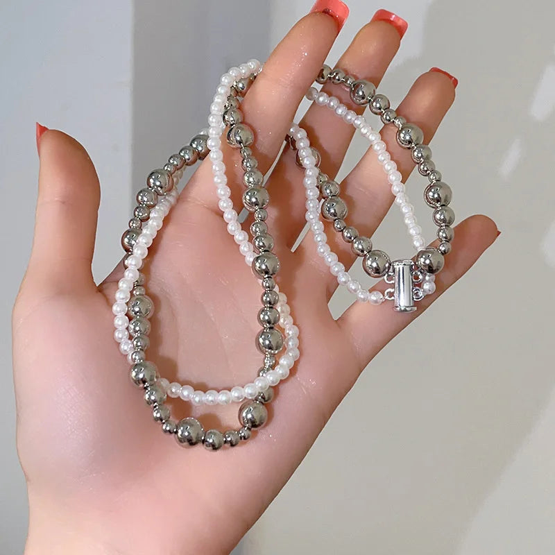 Fashion Imitation Pearl Wrapped Necklace Double Layer Magnetic Buckle Neck Chain Choker Necklace Jewelry Gift Wholesale