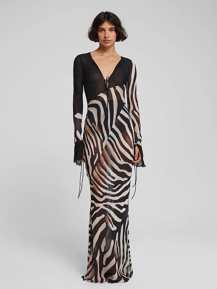 Whatiwear Sexy See Through Dress Women Fashion Print Low-Neck Shirring Flared Sleeve Midnight Club Party Coquette Long Bodycon