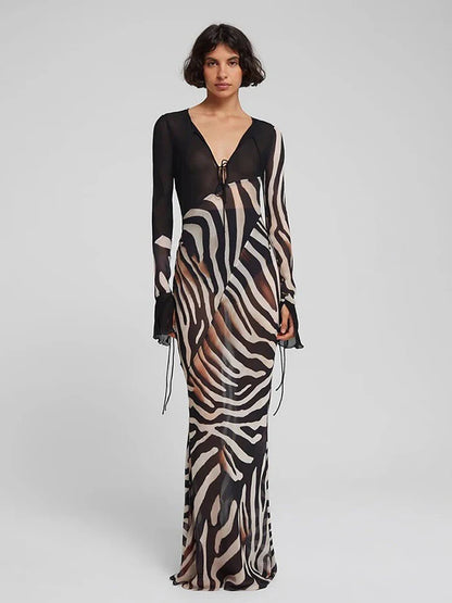 Whatiwear Sexy See Through Dress Women Fashion Print Low-Neck Shirring Flared Sleeve Midnight Club Party Coquette Long Bodycon