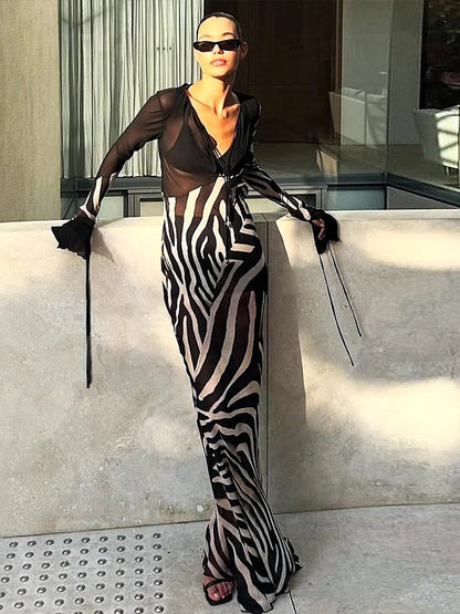 Whatiwear Sexy See Through Dress Women Fashion Print Low-Neck Shirring Flared Sleeve Midnight Club Party Coquette Long Bodycon