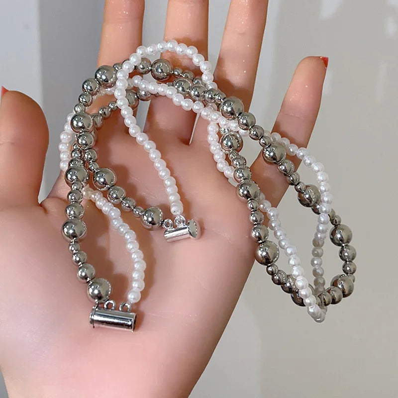 Fashion Imitation Pearl Wrapped Necklace Double Layer Magnetic Buckle Neck Chain Choker Necklace Jewelry Gift Wholesale