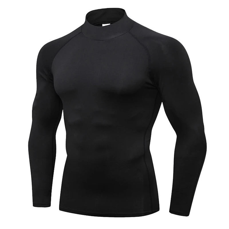 Mens Running T-shirts Compression High-Neck Long Sleeve Athletic Shirt Fitness Training Jogging Gym Sportswear Quick Dry Clothes