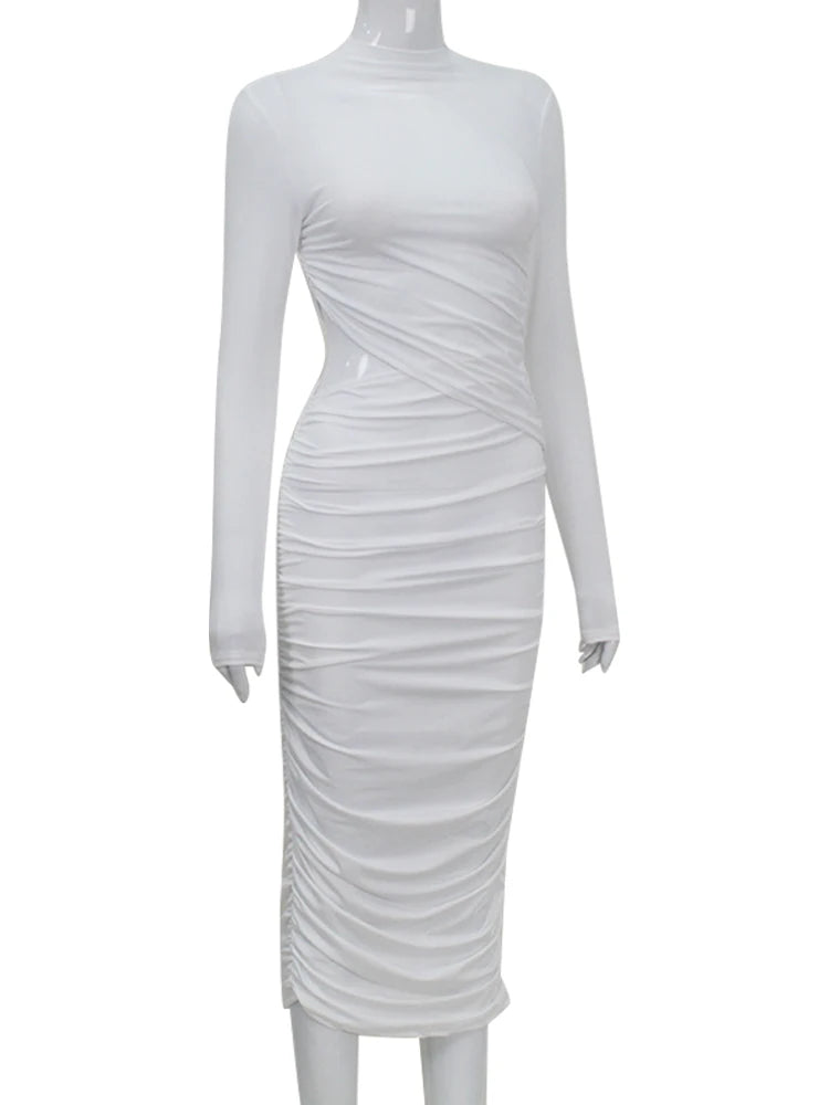 Casual Women Dress Fashion Sexy Solid Streetwear O-Neck Full Sleeve Hollow Out Sheath Long Elegant Bodycon Vestidos Robe Female