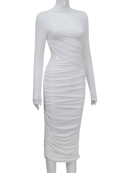 Casual Women Dress Fashion Sexy Solid Streetwear O-Neck Full Sleeve Hollow Out Sheath Long Elegant Bodycon Vestidos Robe Female