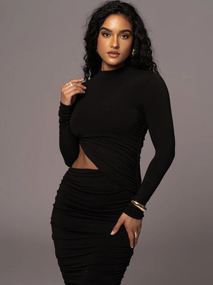 Casual Women Dress Fashion Sexy Solid Streetwear O-Neck Full Sleeve Hollow Out Sheath Long Elegant Bodycon Vestidos Robe Female