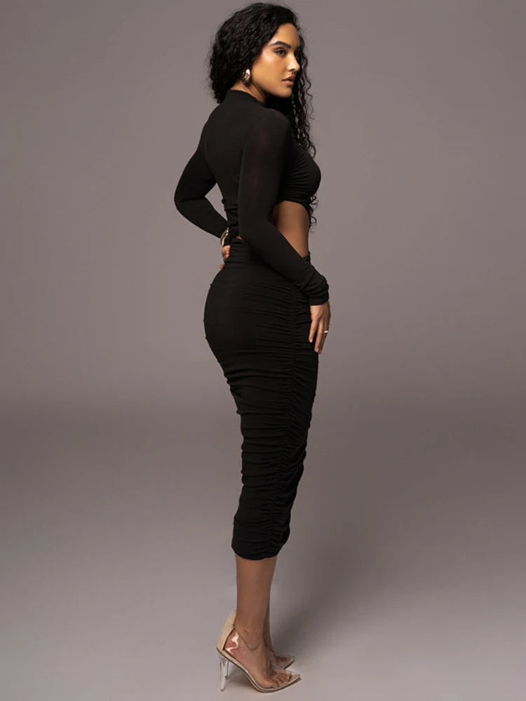 Casual Women Dress Fashion Sexy Solid Streetwear O-Neck Full Sleeve Hollow Out Sheath Long Elegant Bodycon Vestidos Robe Female