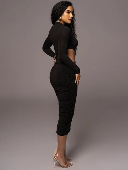 Casual Women Dress Fashion Sexy Solid Streetwear O-Neck Full Sleeve Hollow Out Sheath Long Elegant Bodycon Vestidos Robe Female