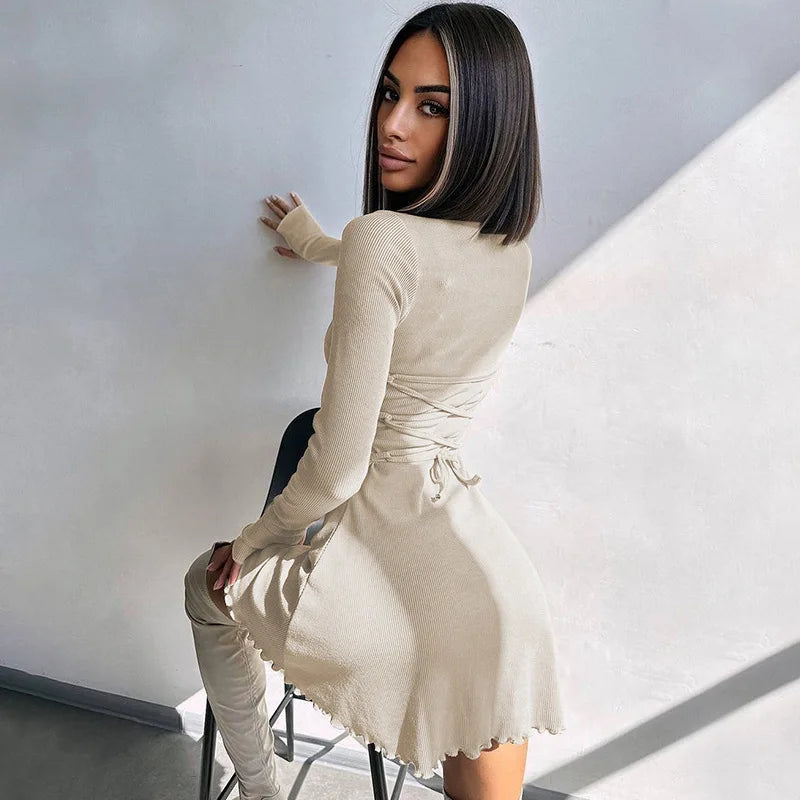 Women's 2024 Fall/Winter Fashion Simple Dress Long Sleeve Knitted Streetwear Slim Fit Short Mini Dress