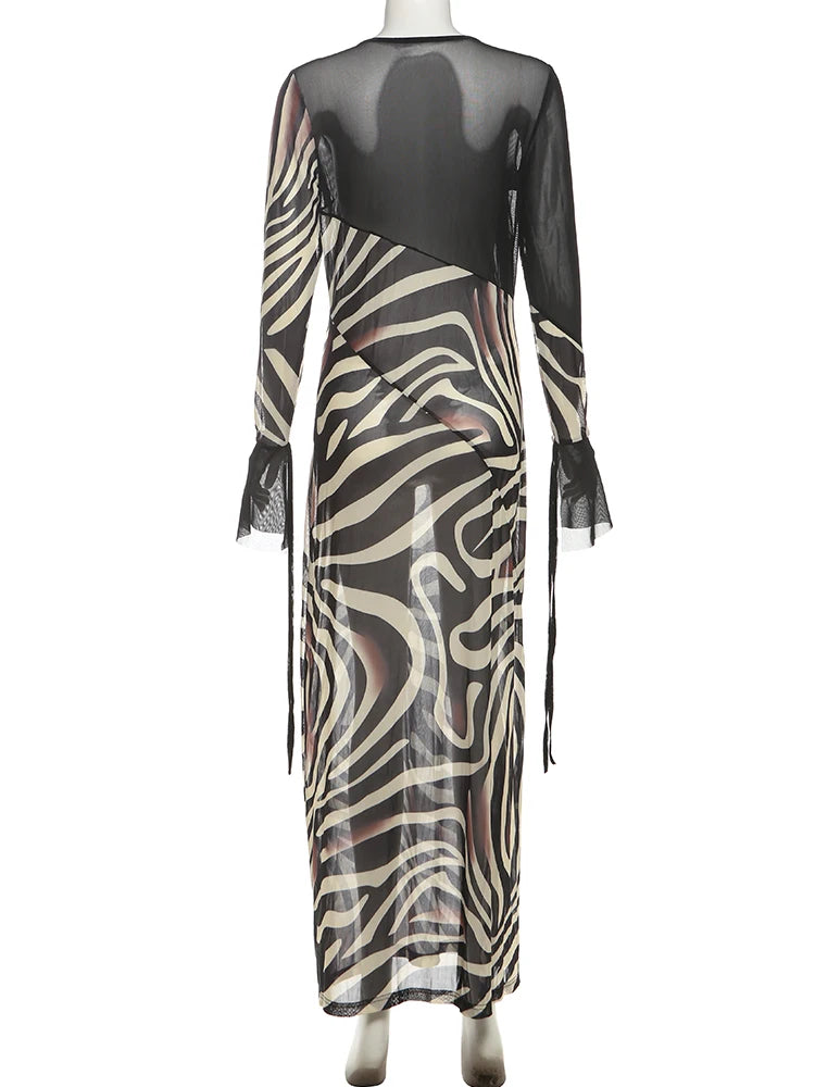 Whatiwear Sexy See Through Dress Women Fashion Print Low-Neck Shirring Flared Sleeve Midnight Club Party Coquette Long Bodycon