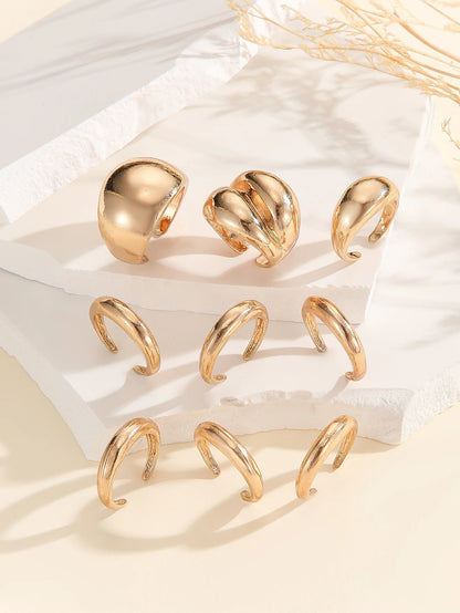 A set of nine uniquely designed, asymmetrical double-layered arc-shaped rings, perfect for women to wear daily or at parties.