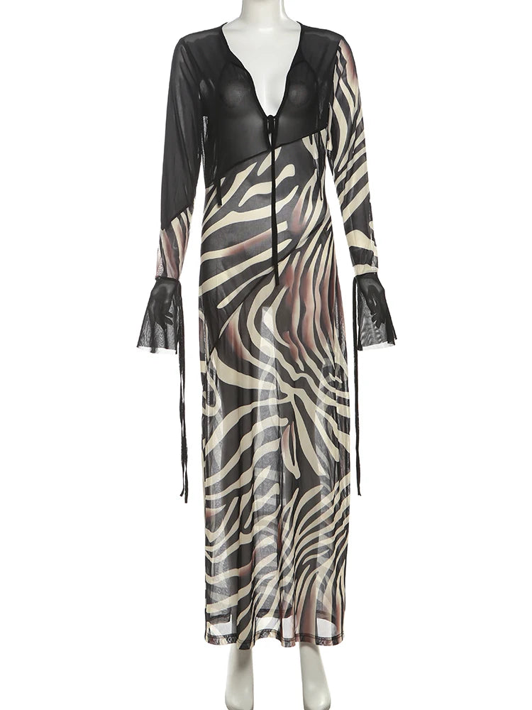 Whatiwear Sexy See Through Dress Women Fashion Print Low-Neck Shirring Flared Sleeve Midnight Club Party Coquette Long Bodycon