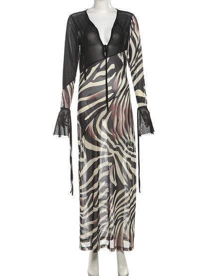 Whatiwear Sexy See Through Dress Women Fashion Print Low-Neck Shirring Flared Sleeve Midnight Club Party Coquette Long Bodycon