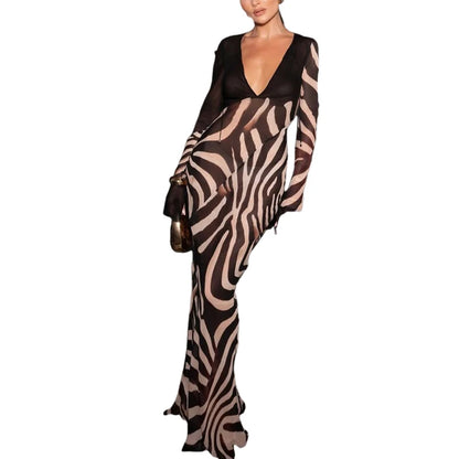 Whatiwear Sexy See Through Dress Women Fashion Print Low-Neck Shirring Flared Sleeve Midnight Club Party Coquette Long Bodycon