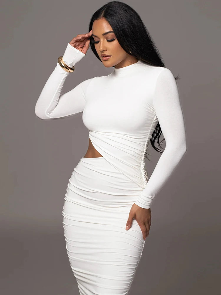 Casual Women Dress Fashion Sexy Solid Streetwear O-Neck Full Sleeve Hollow Out Sheath Long Elegant Bodycon Vestidos Robe Female