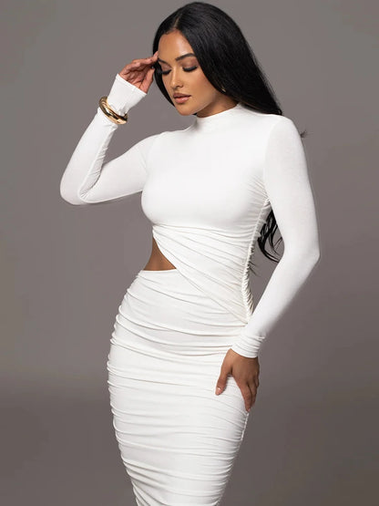 Casual Women Dress Fashion Sexy Solid Streetwear O-Neck Full Sleeve Hollow Out Sheath Long Elegant Bodycon Vestidos Robe Female