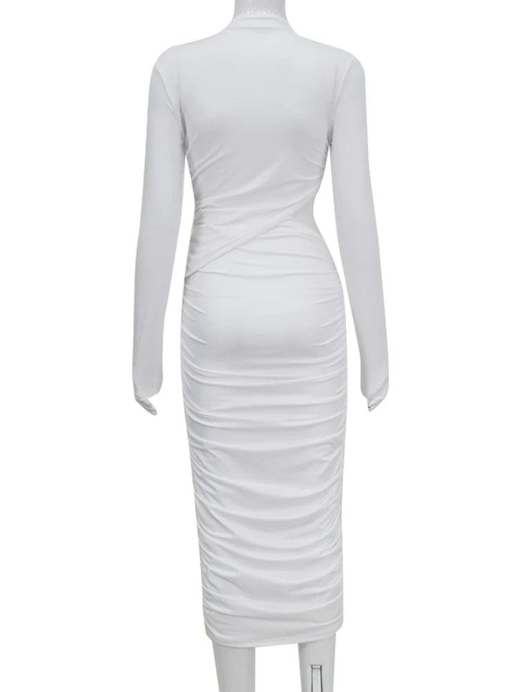 Casual Women Dress Fashion Sexy Solid Streetwear O-Neck Full Sleeve Hollow Out Sheath Long Elegant Bodycon Vestidos Robe Female
