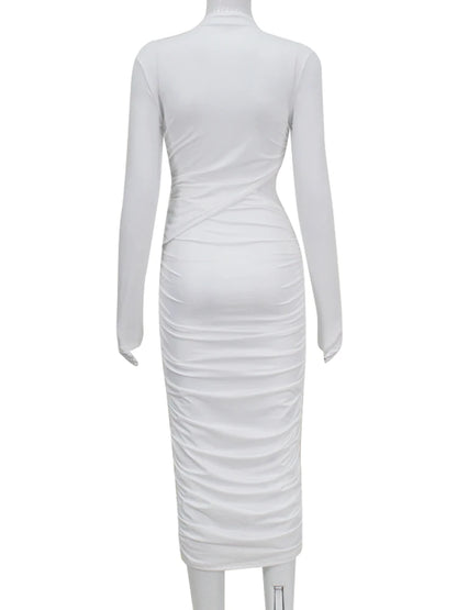 Casual Women Dress Fashion Sexy Solid Streetwear O-Neck Full Sleeve Hollow Out Sheath Long Elegant Bodycon Vestidos Robe Female