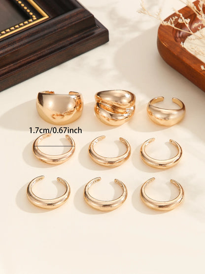 A set of nine uniquely designed, asymmetrical double-layered arc-shaped rings, perfect for women to wear daily or at parties.