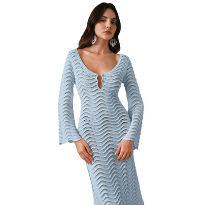 2025 Dress Women Female Clothing Fashion Elegant EveningBeach Dress Solid Color Sexy Knit Beach Bikini Swimsuit Cover Up Sunwear