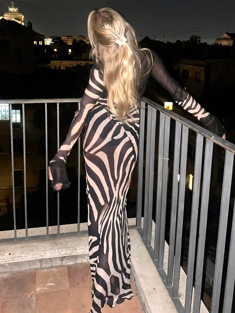 Whatiwear Sexy See Through Dress Women Fashion Print Low-Neck Shirring Flared Sleeve Midnight Club Party Coquette Long Bodycon