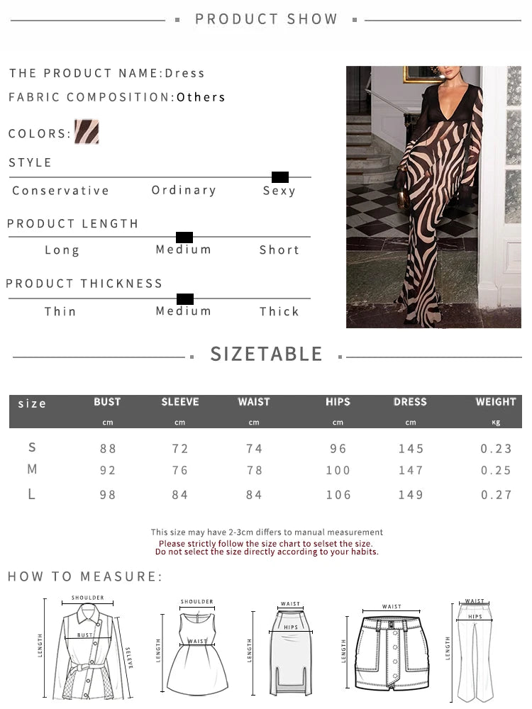 Whatiwear Sexy See Through Dress Women Fashion Print Low-Neck Shirring Flared Sleeve Midnight Club Party Coquette Long Bodycon