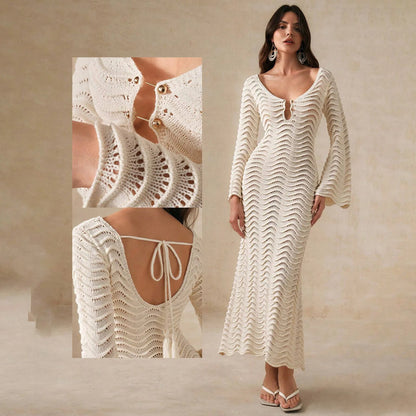 2025 Dress Women Female Clothing Fashion Elegant EveningBeach Dress Solid Color Sexy Knit Beach Bikini Swimsuit Cover Up Sunwear