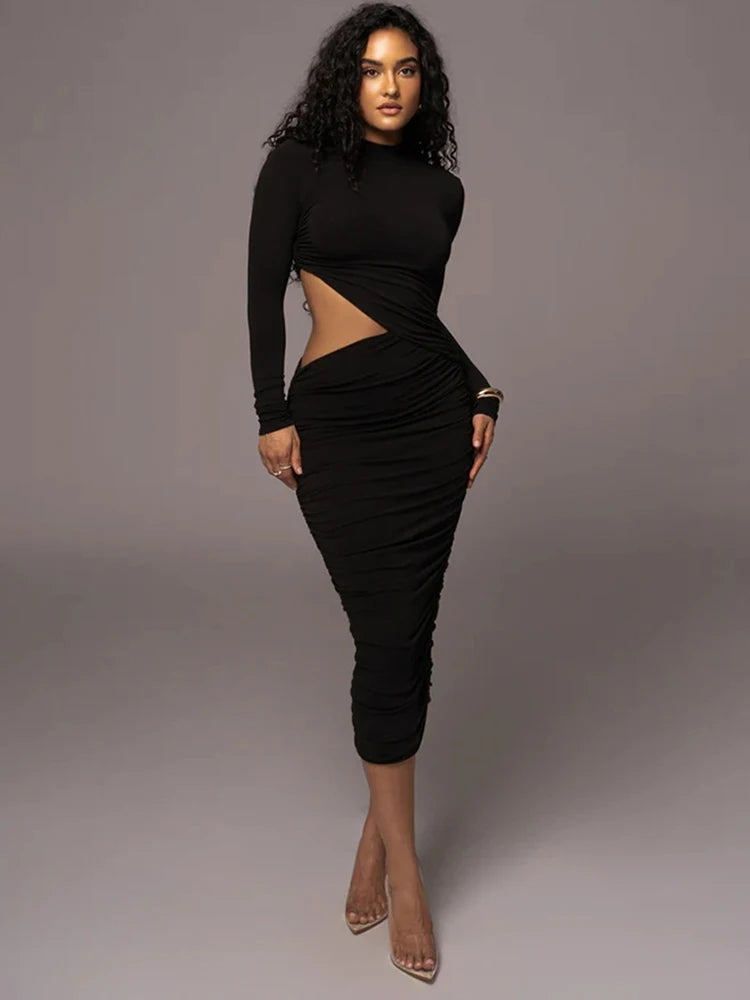 Casual Women Dress Fashion Sexy Solid Streetwear O-Neck Full Sleeve Hollow Out Sheath Long Elegant Bodycon Vestidos Robe Female