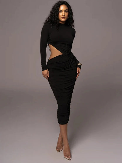 Casual Women Dress Fashion Sexy Solid Streetwear O-Neck Full Sleeve Hollow Out Sheath Long Elegant Bodycon Vestidos Robe Female
