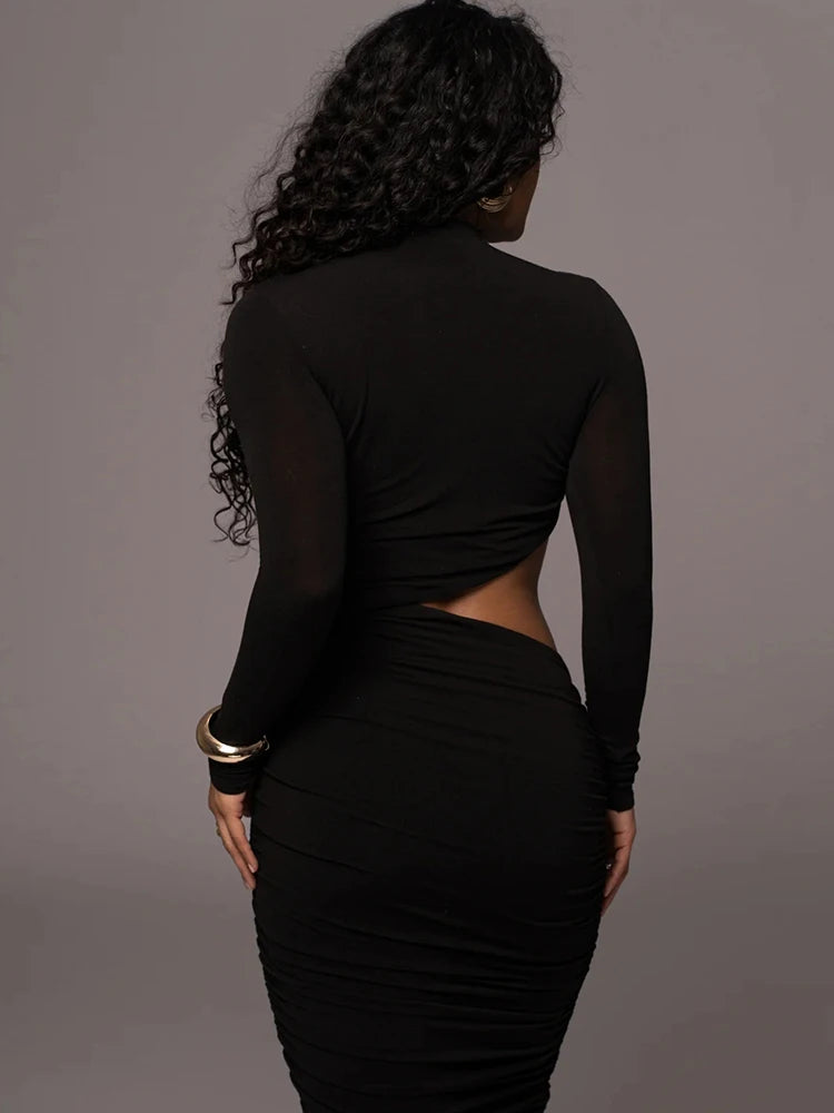 Casual Women Dress Fashion Sexy Solid Streetwear O-Neck Full Sleeve Hollow Out Sheath Long Elegant Bodycon Vestidos Robe Female