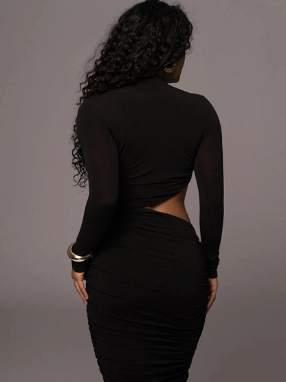 Casual Women Dress Fashion Sexy Solid Streetwear O-Neck Full Sleeve Hollow Out Sheath Long Elegant Bodycon Vestidos Robe Female